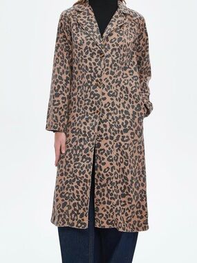 Leopard Print Denim Long Button Trench- Brown & Black